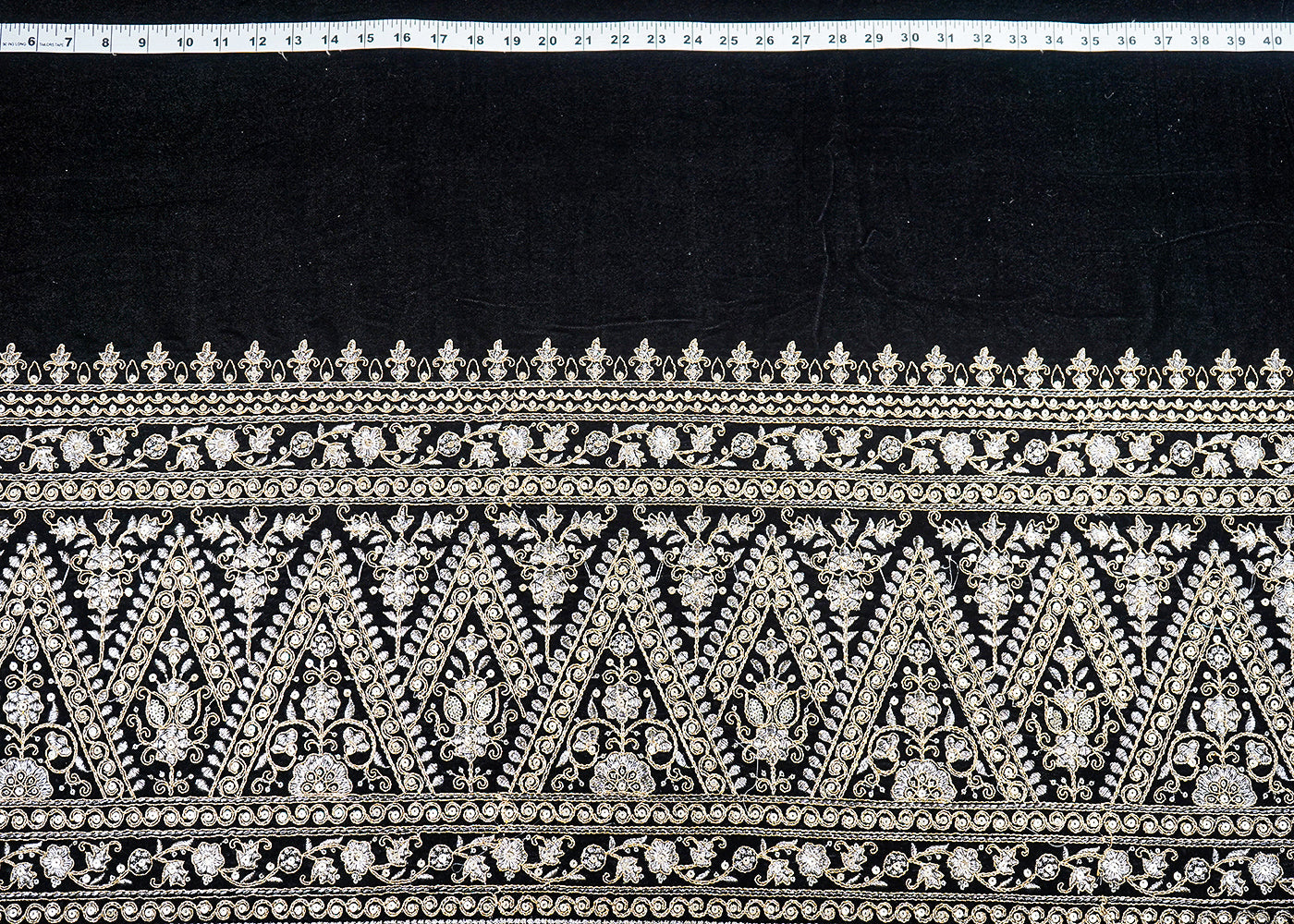Black Velvet Fabric With One Side Heavy Border Of Zari And Sequins 20510