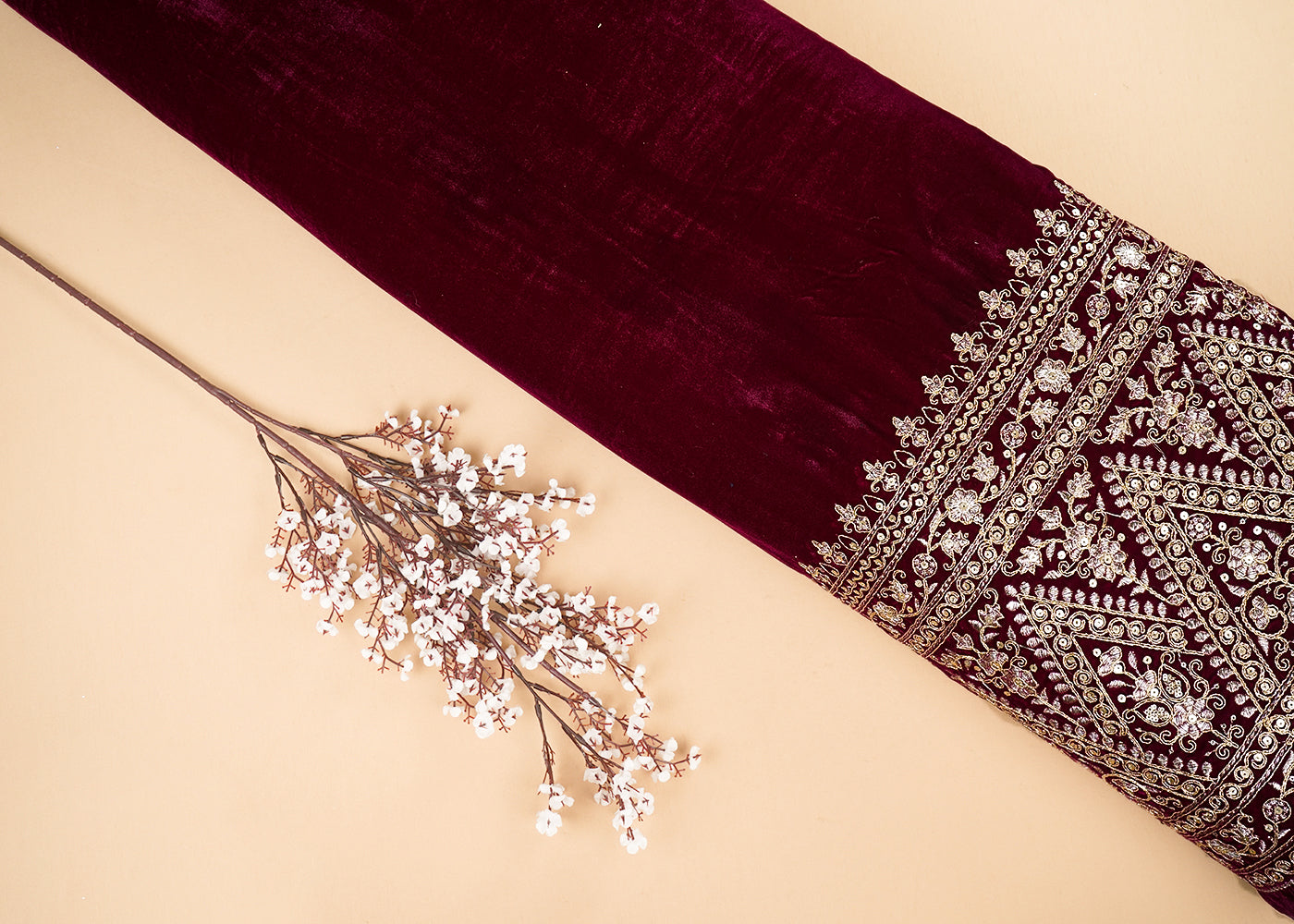 Wine Velvet Fabric With One Side Heavy Border Of Zari And Sequins 20511