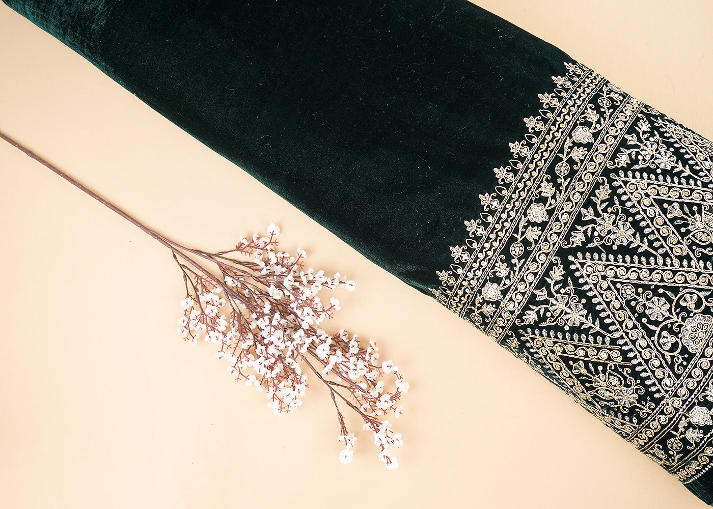 Bottle Green Velvet Fabric With One Side Heavy Border Of Zari And Sequins 20512