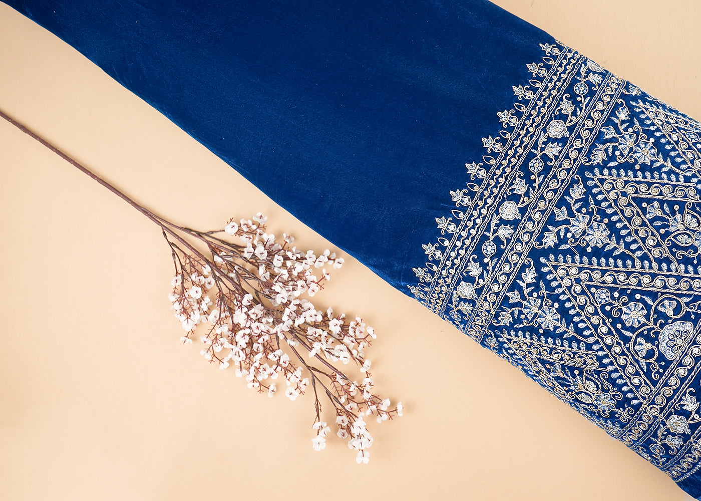 Peacock Blue Velvet Fabric With One Side Heavy Border Of Zari And Sequins 20513