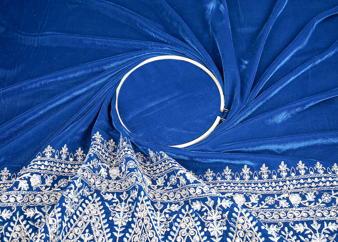 Peacock Blue Velvet Fabric With One Side Heavy Border Of Zari And Sequins 20513