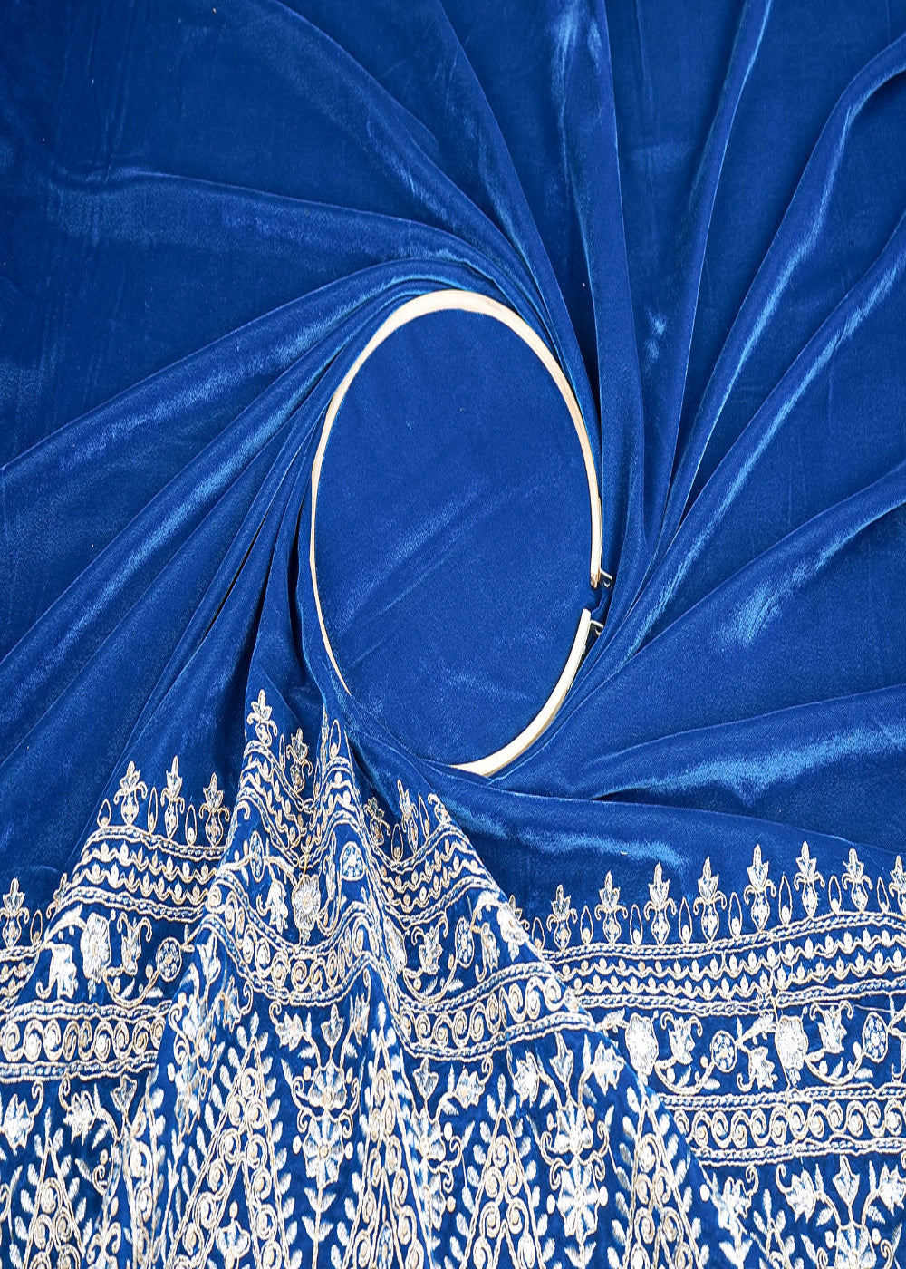 Peacock Blue Velvet Fabric With One Side Heavy Border Of Zari And Sequins 20513