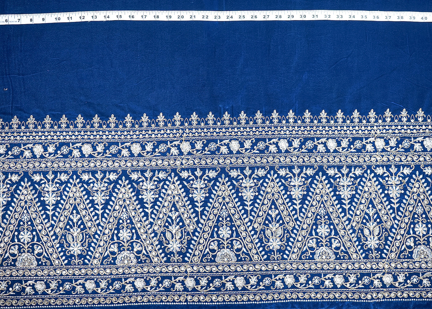 Peacock Blue Velvet Fabric With One Side Heavy Border Of Zari And Sequins 20513