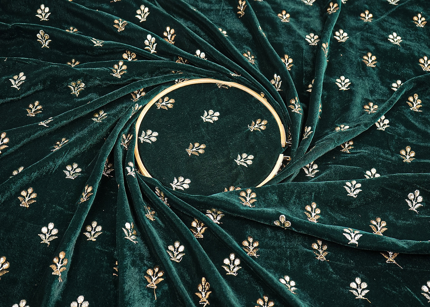 Bottle Green Velvet Fabric With All Over Buti Of Zari And Sequins Work 20514