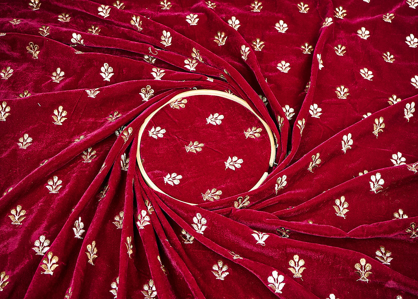 Wine Velvet Fabric With All Over Buti Of Zari And Sequins Work 20516
