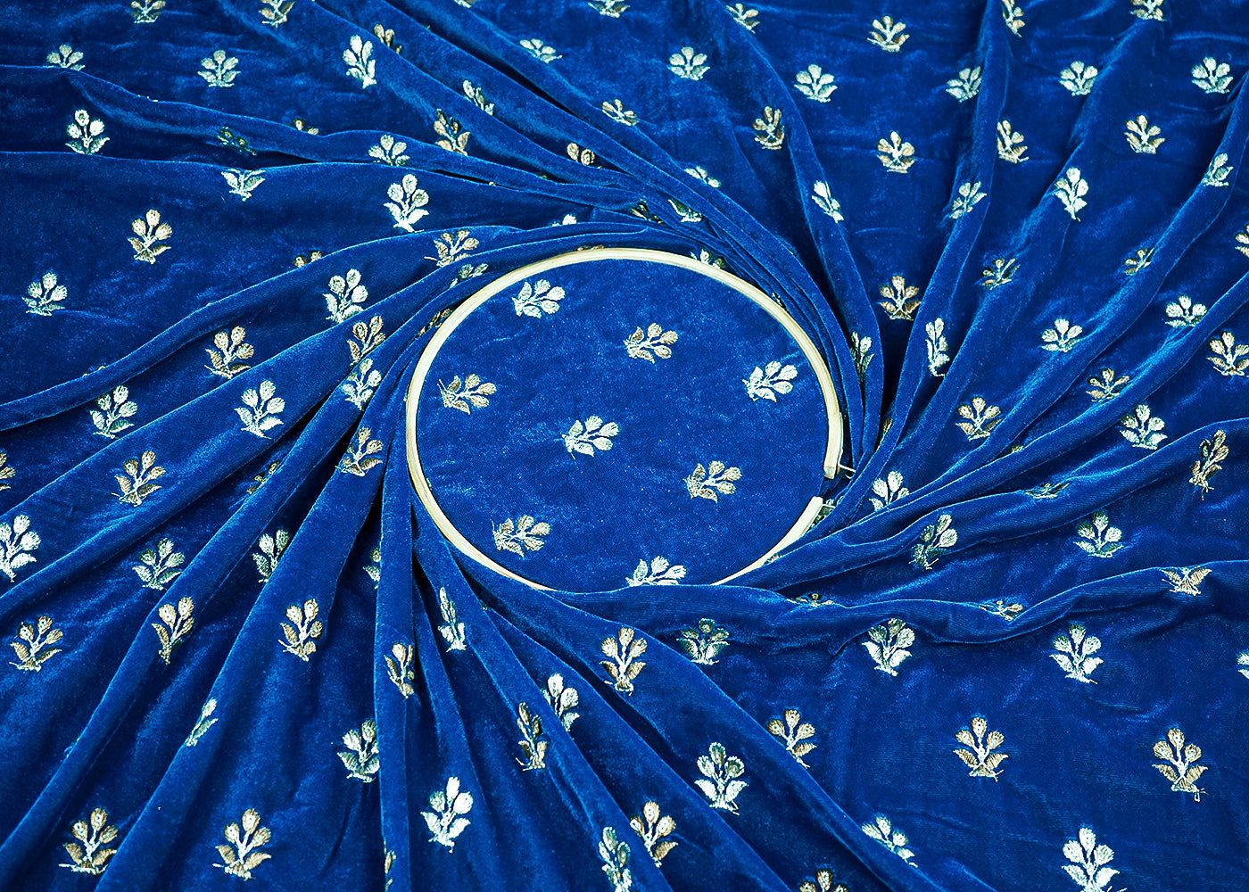 Peacock Blue Velvet Fabric With All Over Buti Of Zari And Sequins Work 20517