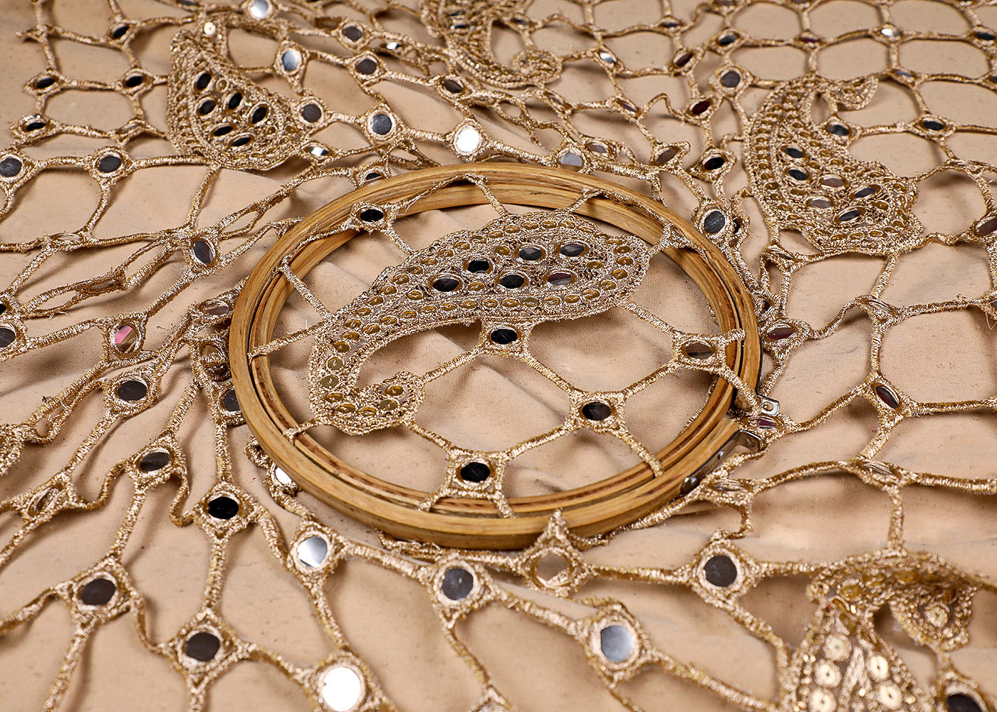 Golden Net Fabric With All Over Laser Cutwork And One Side Border 20518