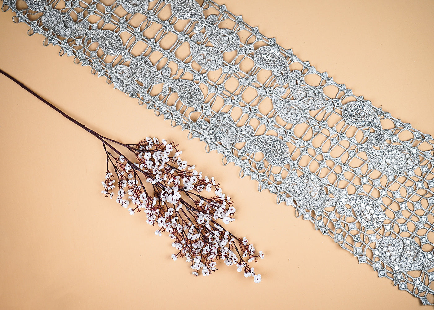 Silver Net Fabric With All Over Laser Cutwork And One Side Border 20519