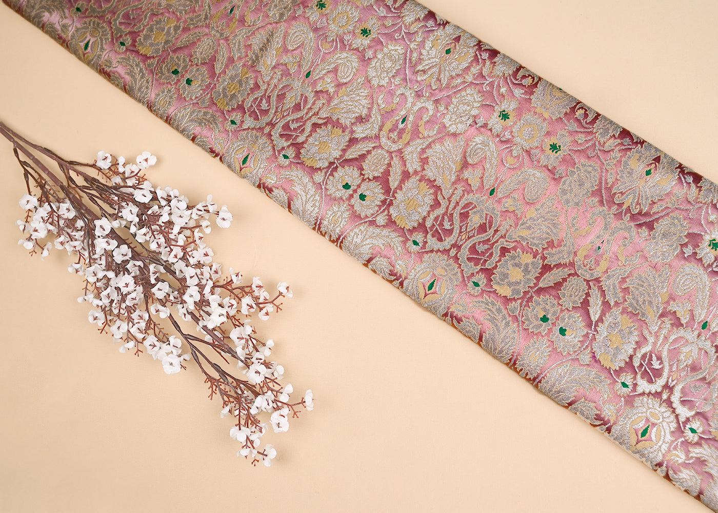 Baby Pink Pure Banarasi Brocade Fabric With All Over Thread And Golden Zari Handloom 20530