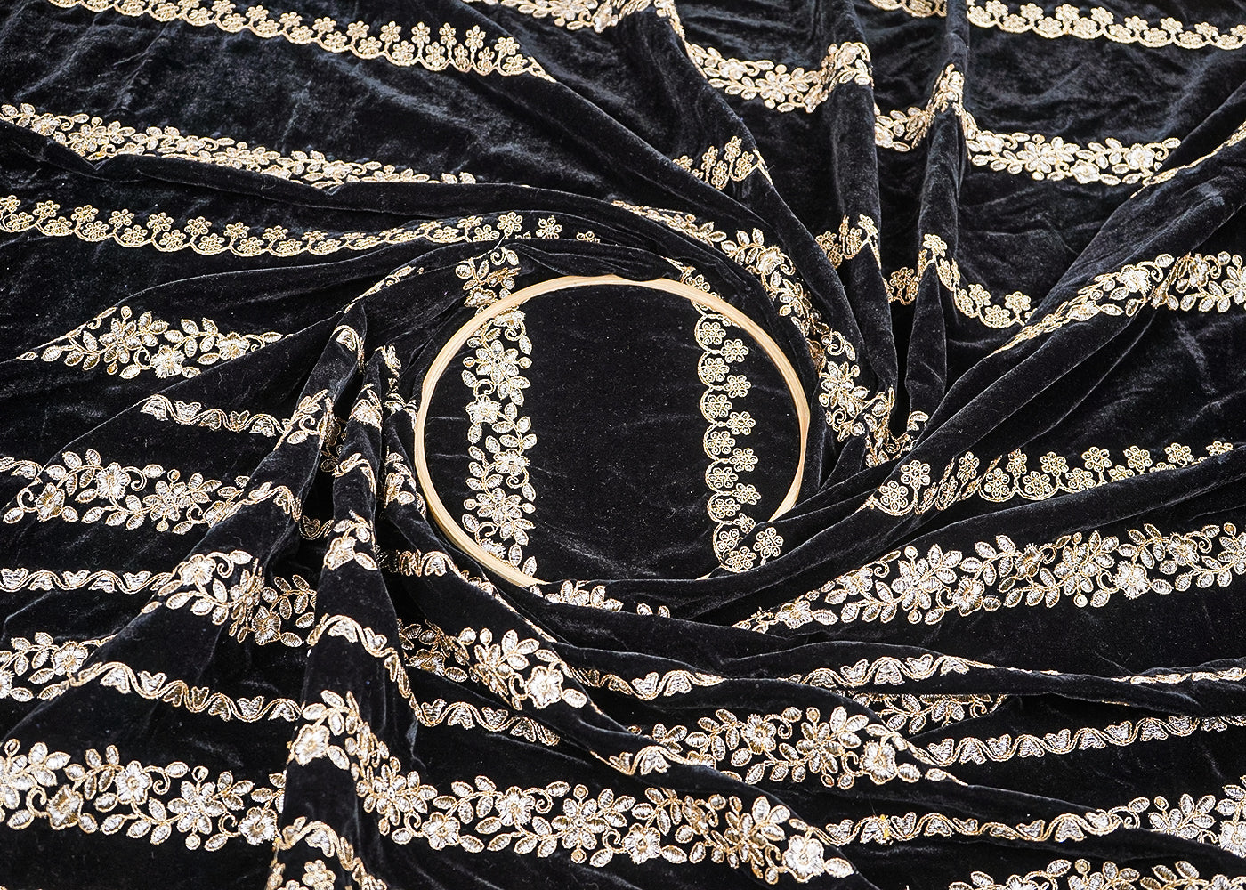 Black Velvet Fabric With All Over Golden Zari Work And One Side Border 20532