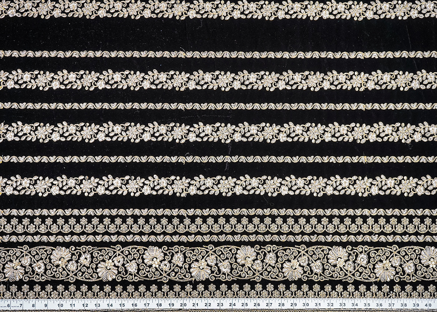 Black Velvet Fabric With All Over Golden Zari Work And One Side Border 20532