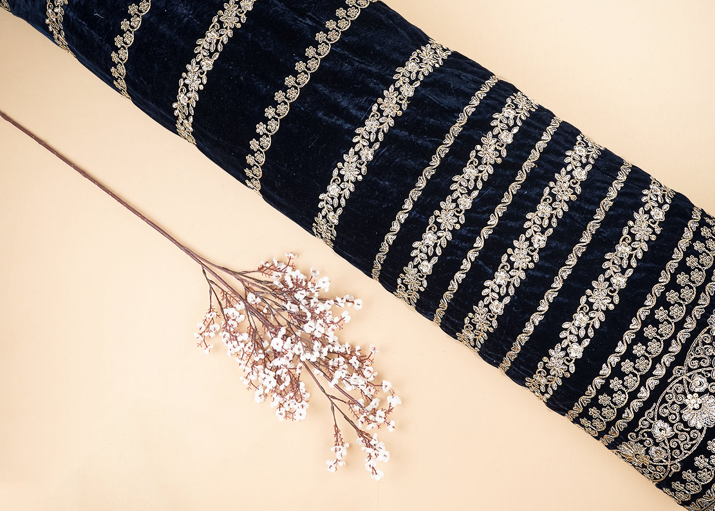Navy Blue Velvet Fabric With All Over Golden Zari Work And One Side Border 20533