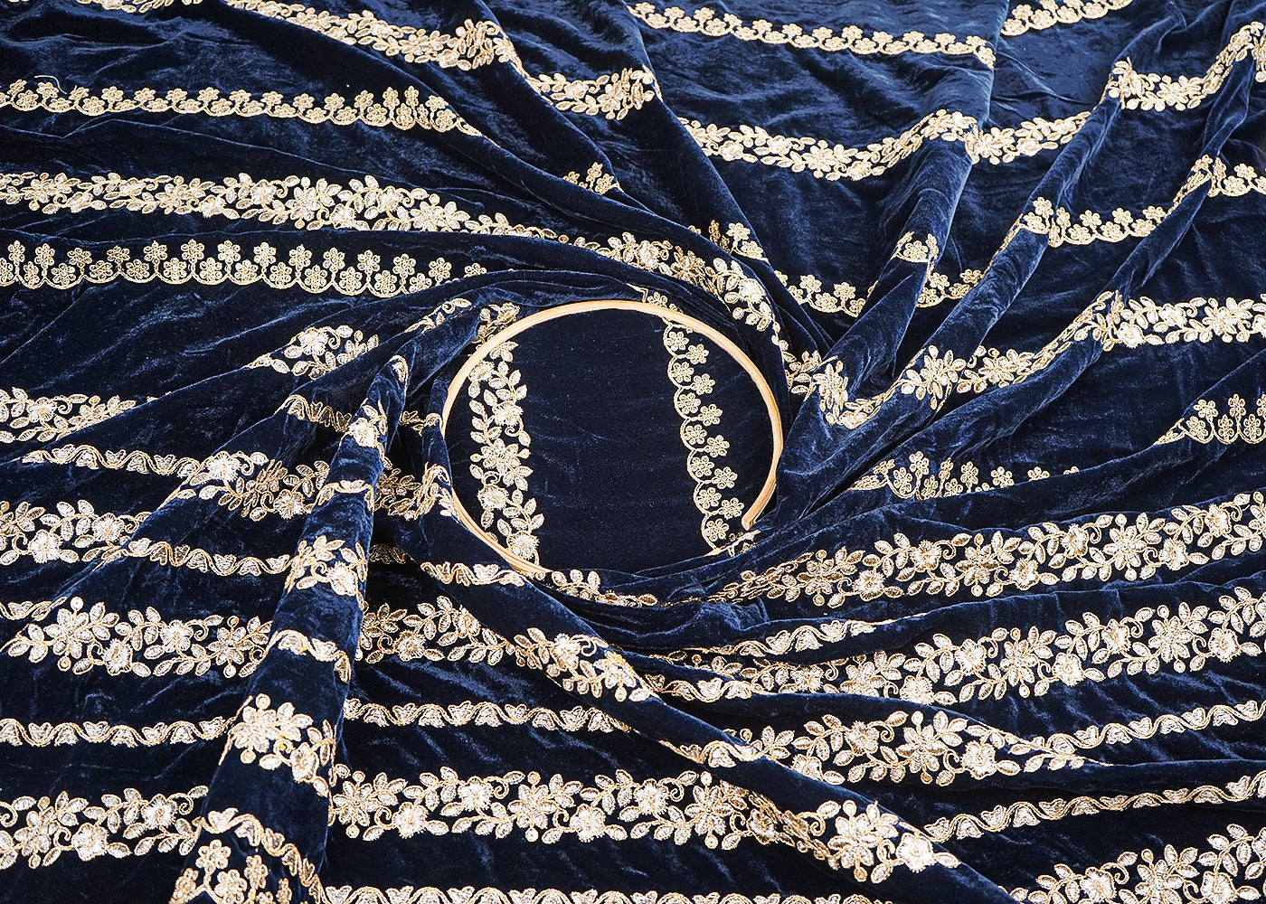 Navy Blue Velvet Fabric With All Over Golden Zari Work And One Side Border 20533