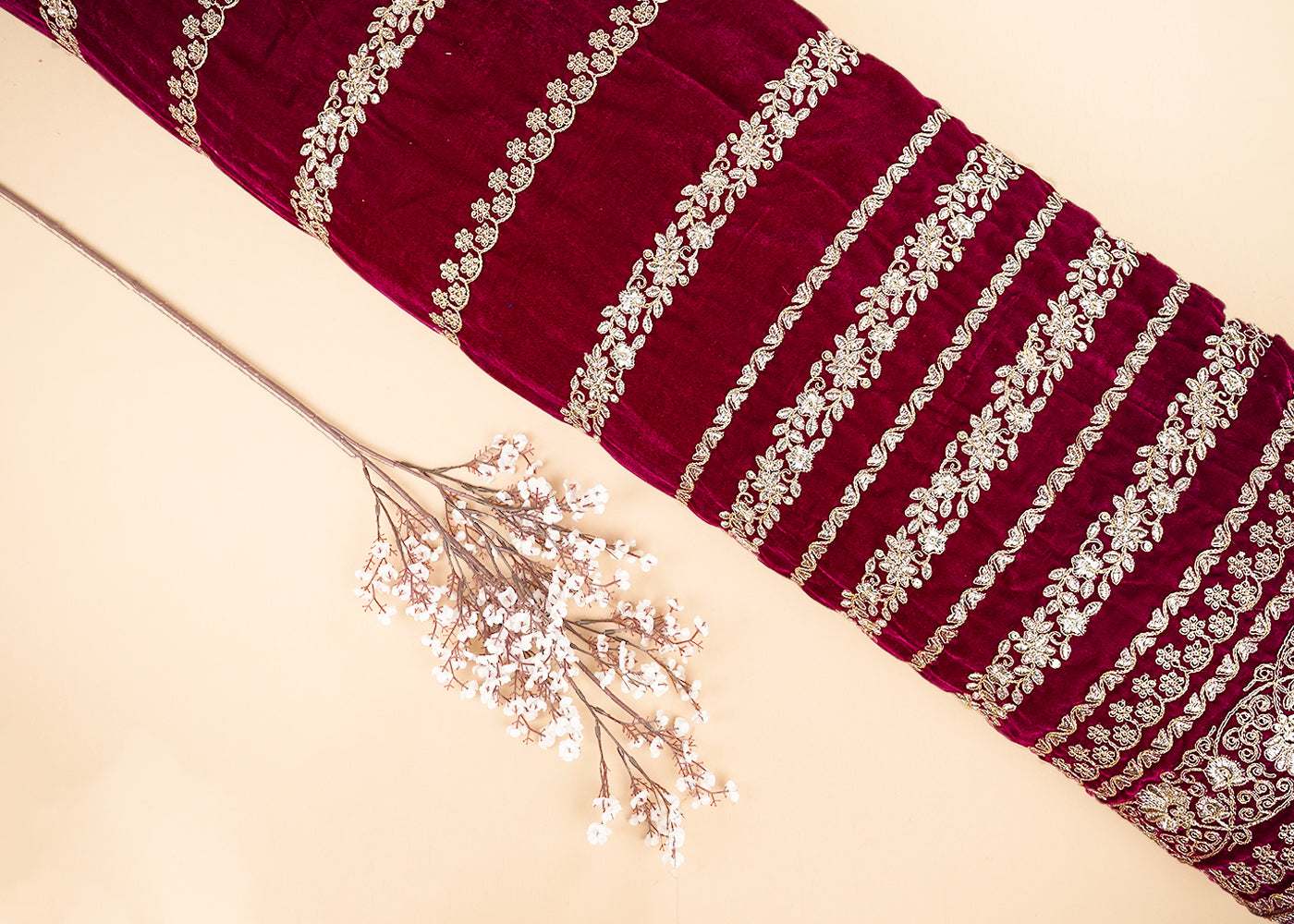Wine Velvet Fabric With All Over Golden Zari Work And One Side Border 20534