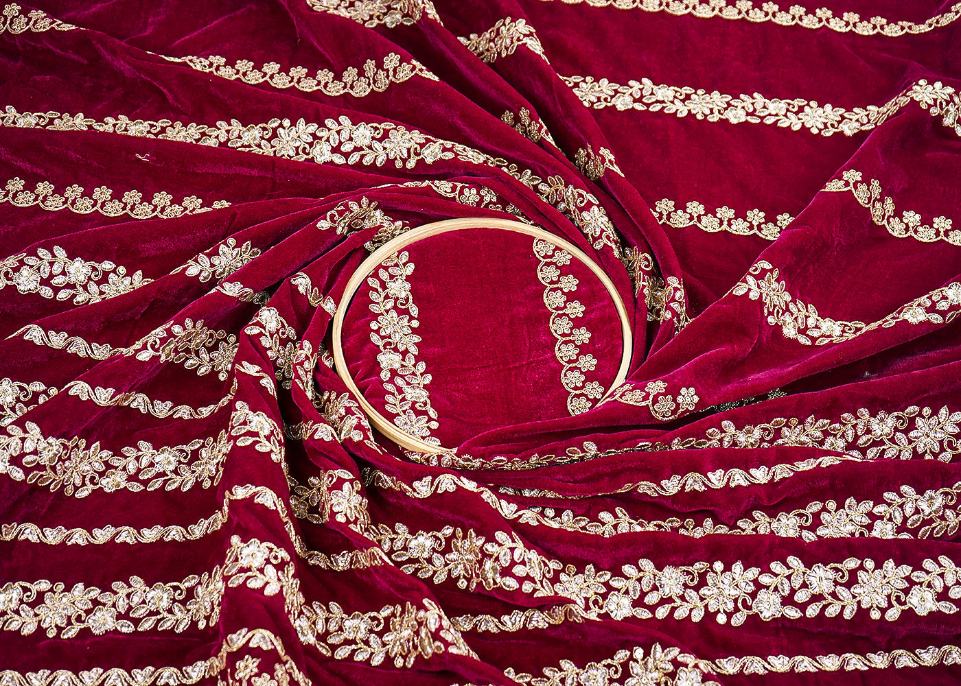 Wine Velvet Fabric With All Over Golden Zari Work And One Side Border 20534
