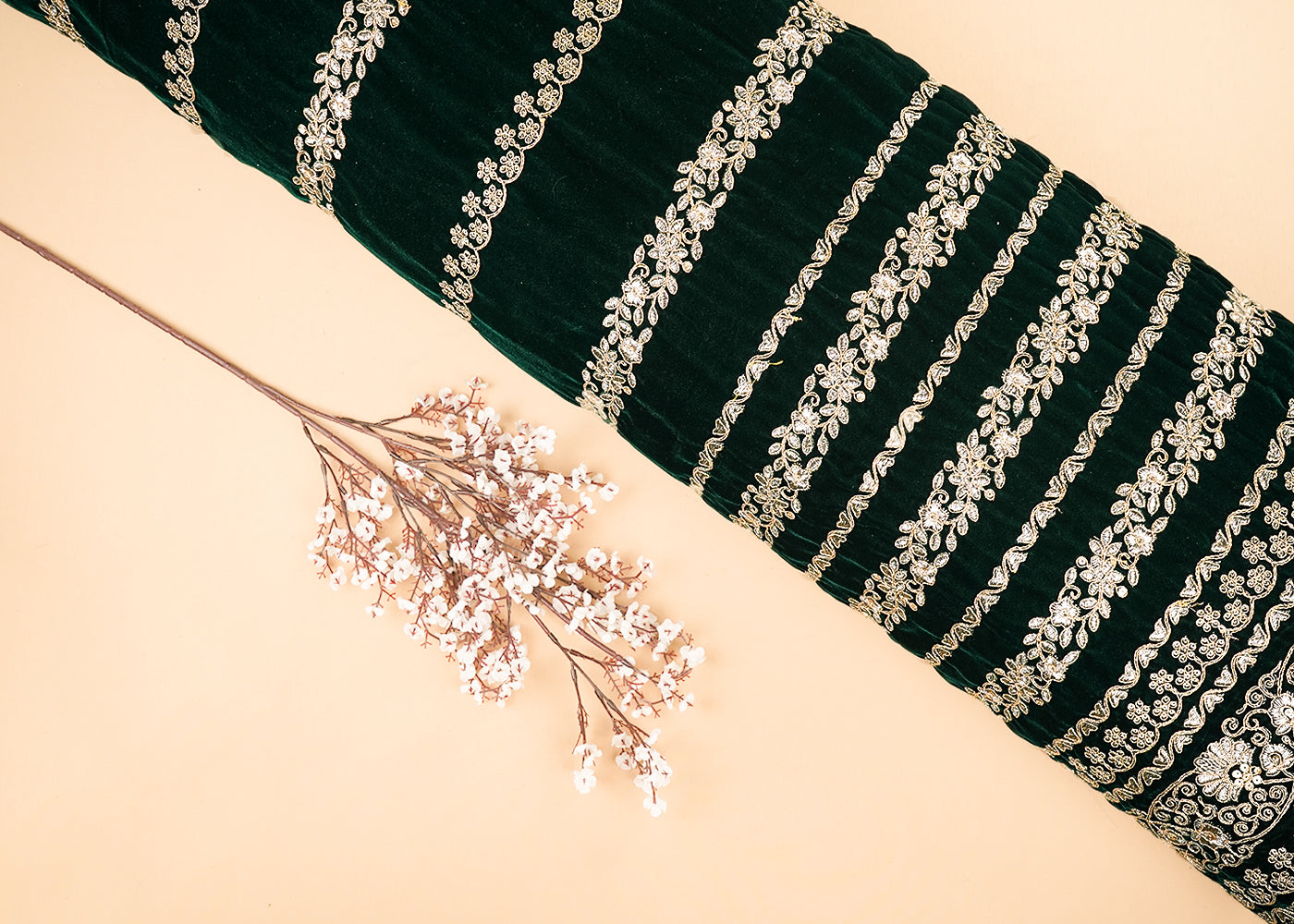 Bottle Green Velvet Fabric With All Over Golden Zari Work And One Side Border 20535