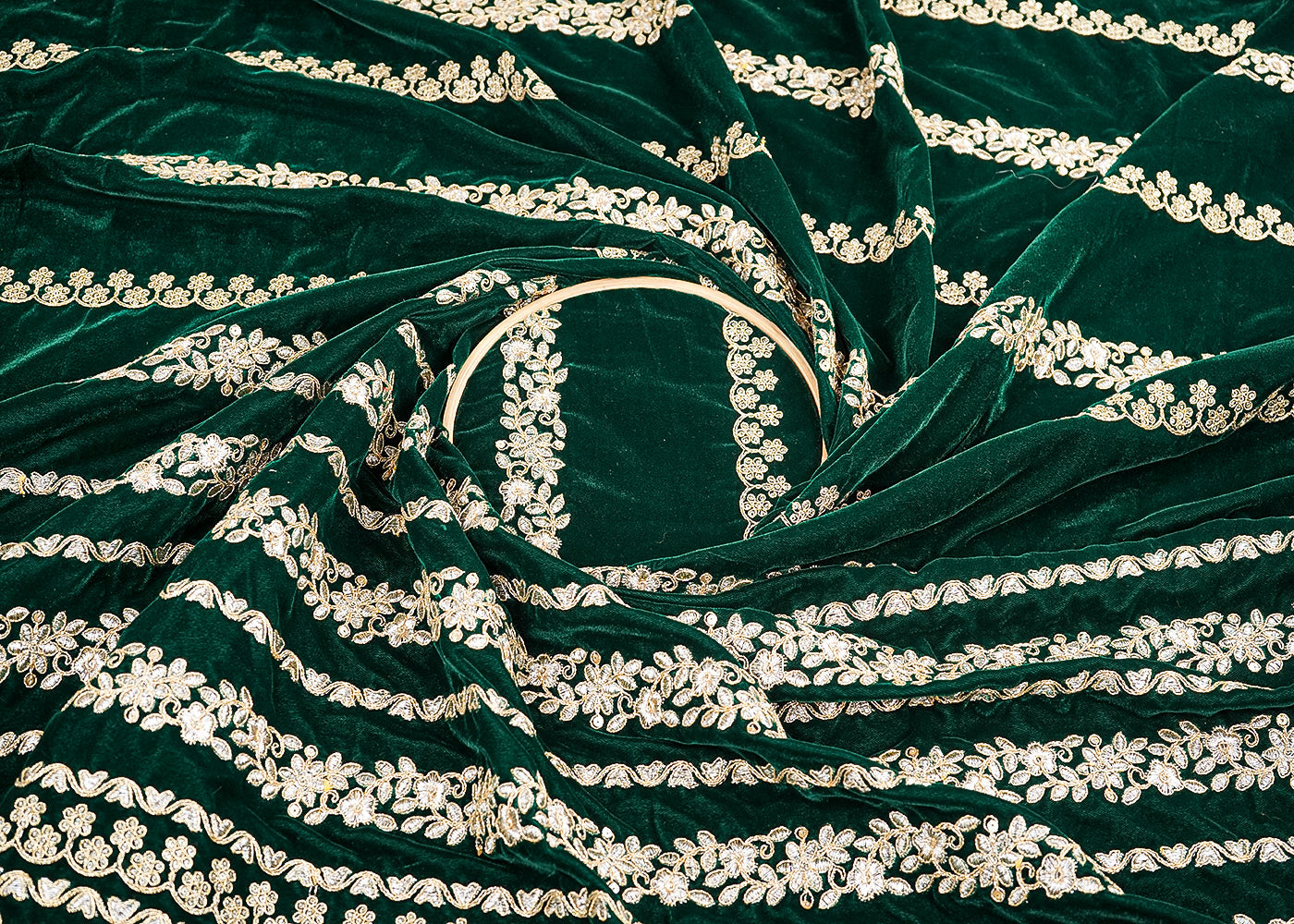 Bottle Green Velvet Fabric With All Over Golden Zari Work And One Side Border 20535