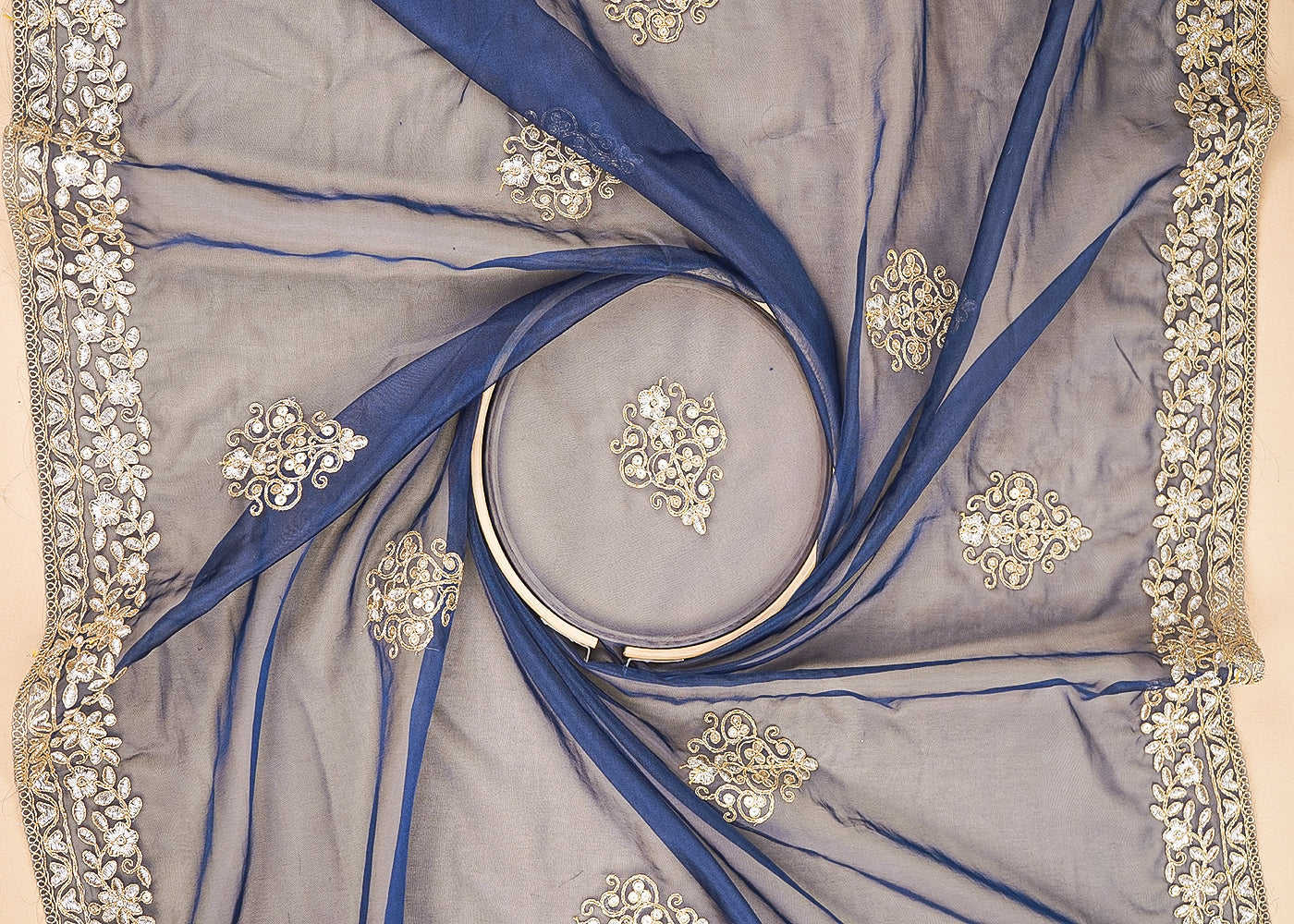 Navy Blue Organza Fabric With All Over Buti Of Golden Zari And Sequins With Two Side Border 20536