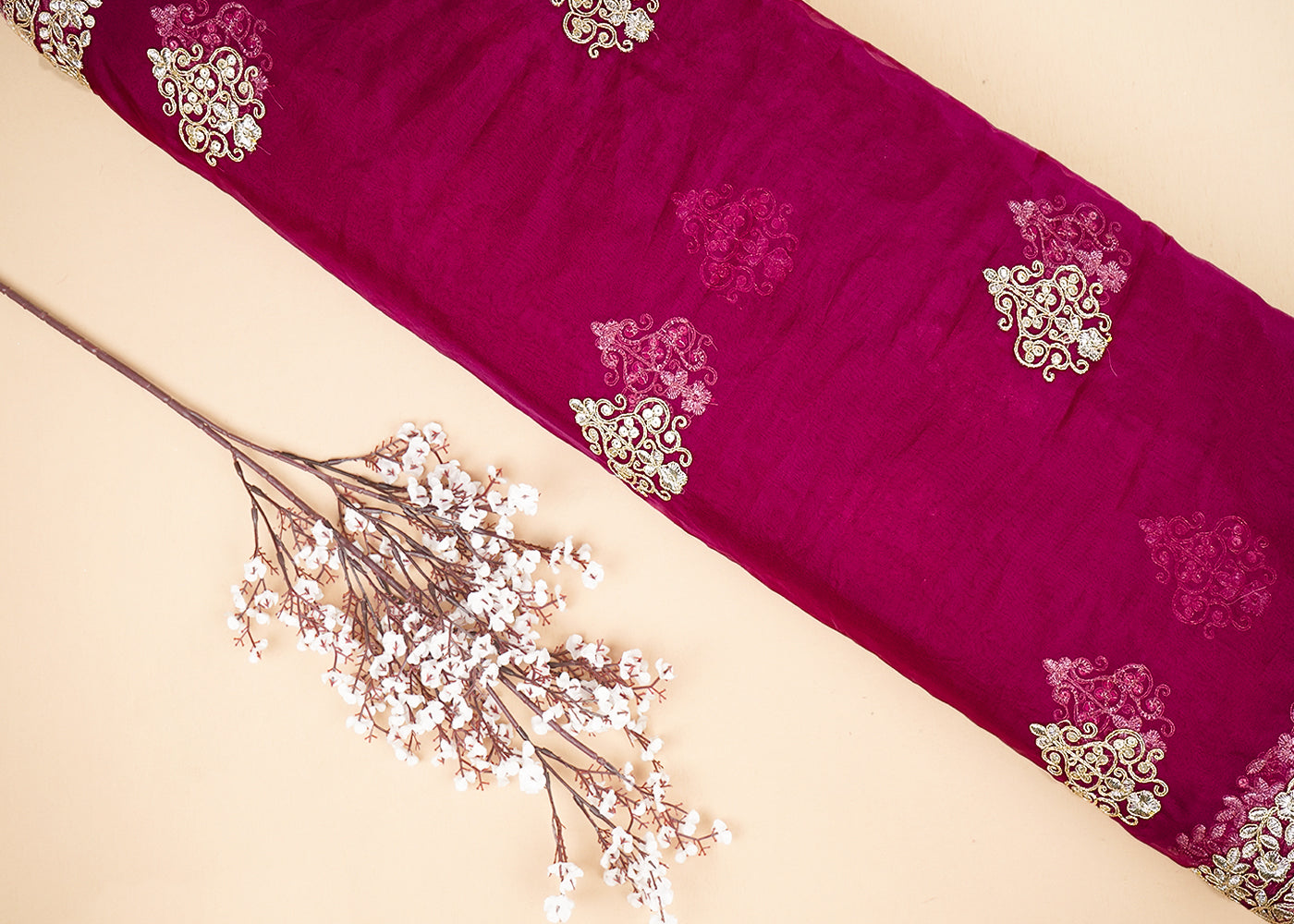 Wine Organza Fabric With All Over Buti Of Golden Zari And Sequins With Two Side Border 20537