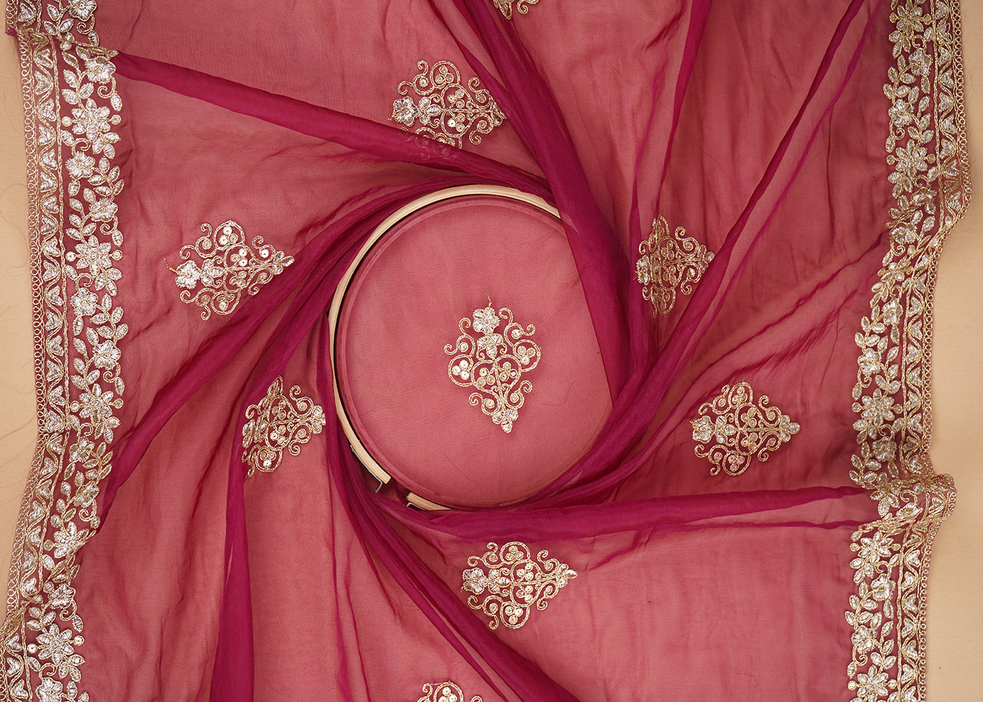 Wine Organza Fabric With All Over Buti Of Golden Zari And Sequins With Two Side Border 20537