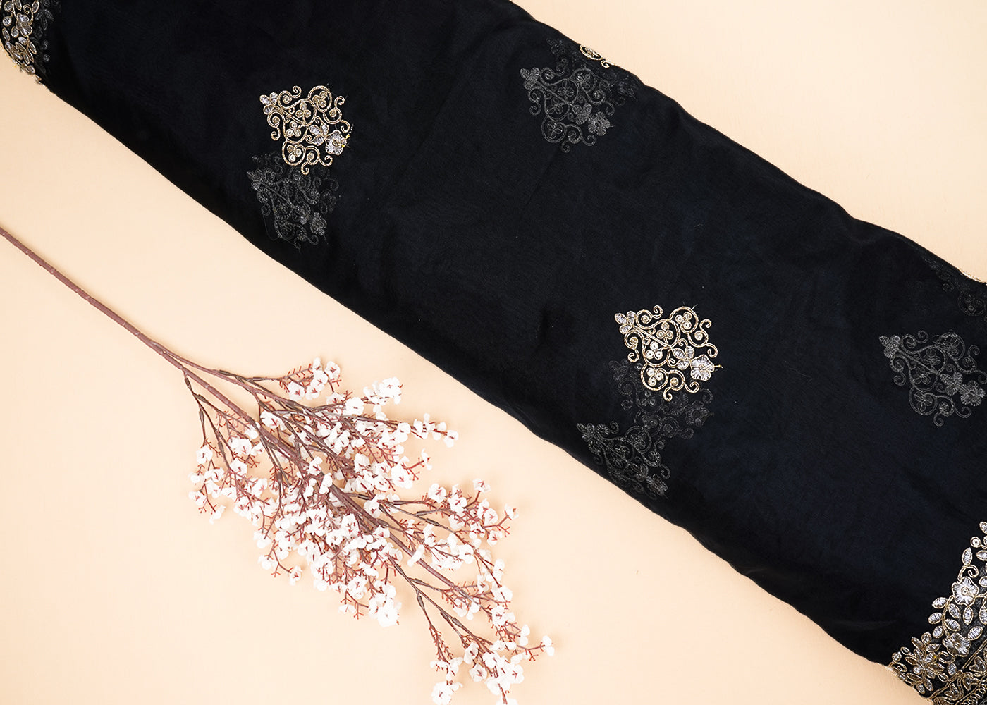 Black Organza Fabric With All Over Buti Of Golden Zari And Sequins With Two Side Border 20538