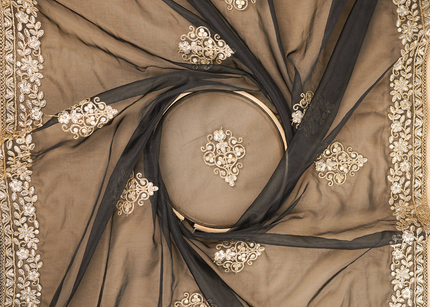 Black Organza Fabric With All Over Buti Of Golden Zari And Sequins With Two Side Border 20538