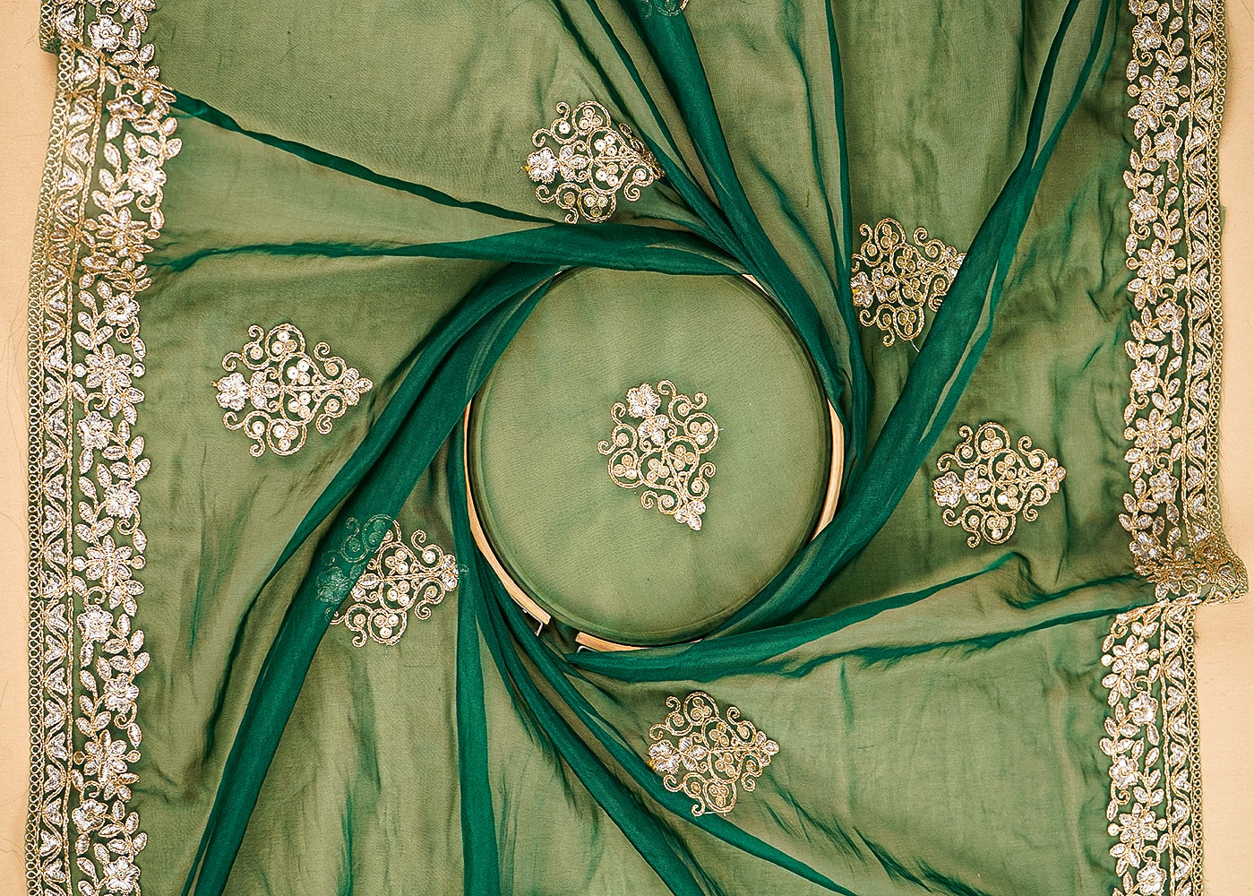 Bottle Green Organza Fabric With All Over Buti Of Golden Zari And Sequins With Two Side Border 20539