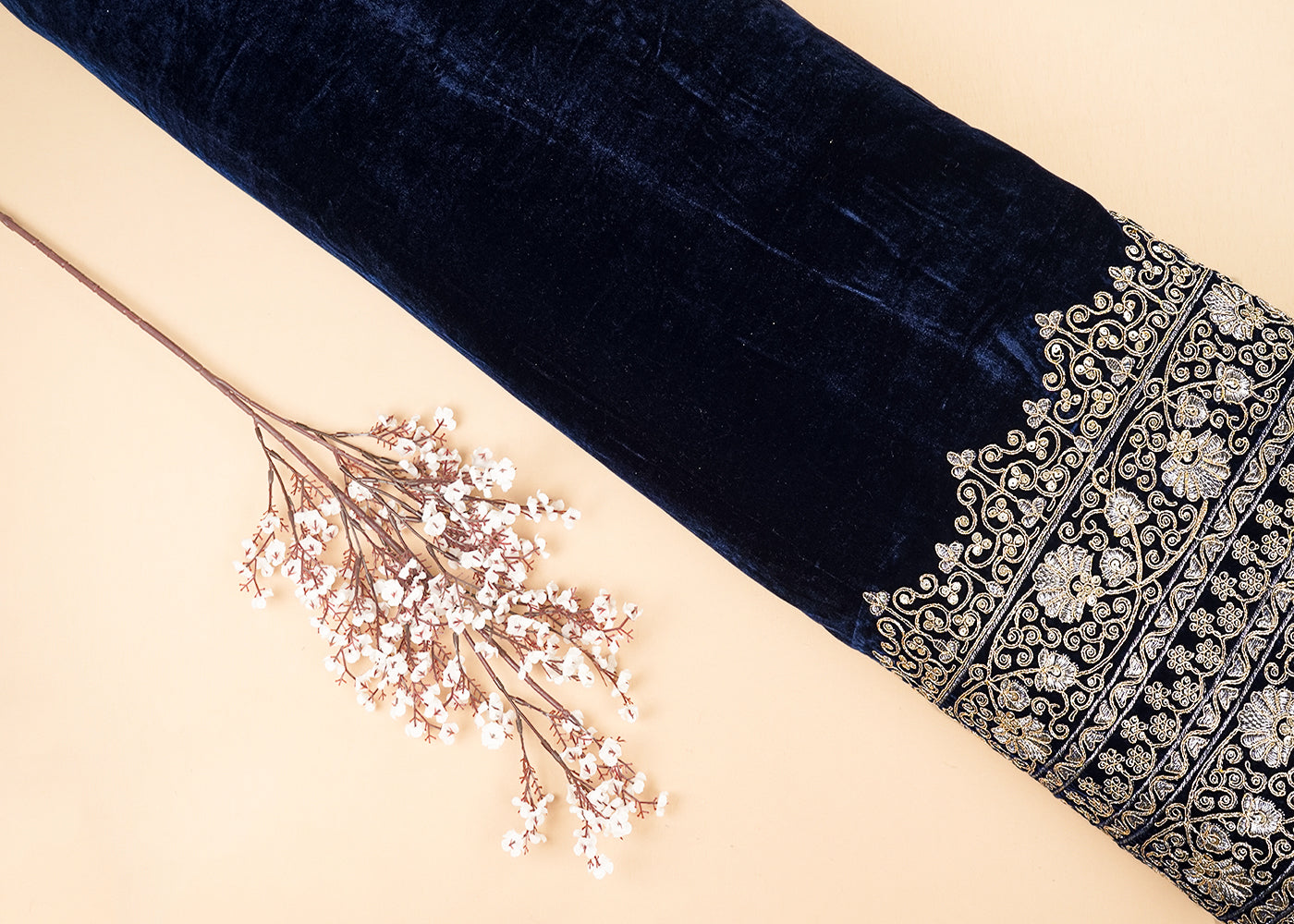 Navy Blue Velvet Fabric With Heavy Border Of Golden Zari And Sequins 20540