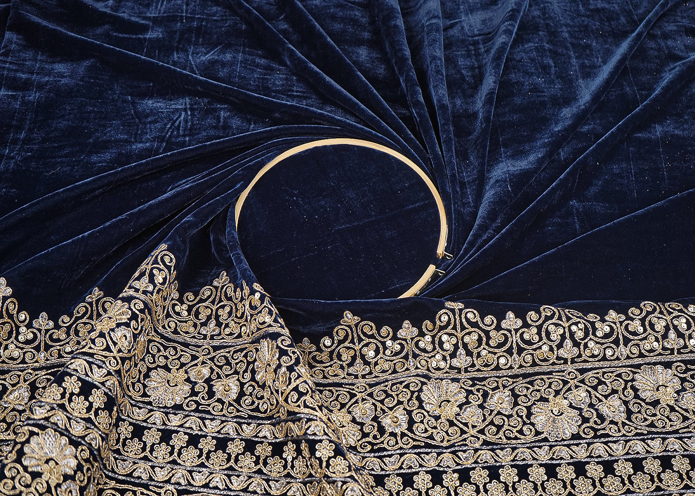 Navy Blue Velvet Fabric With Heavy Border Of Golden Zari And Sequins 20540