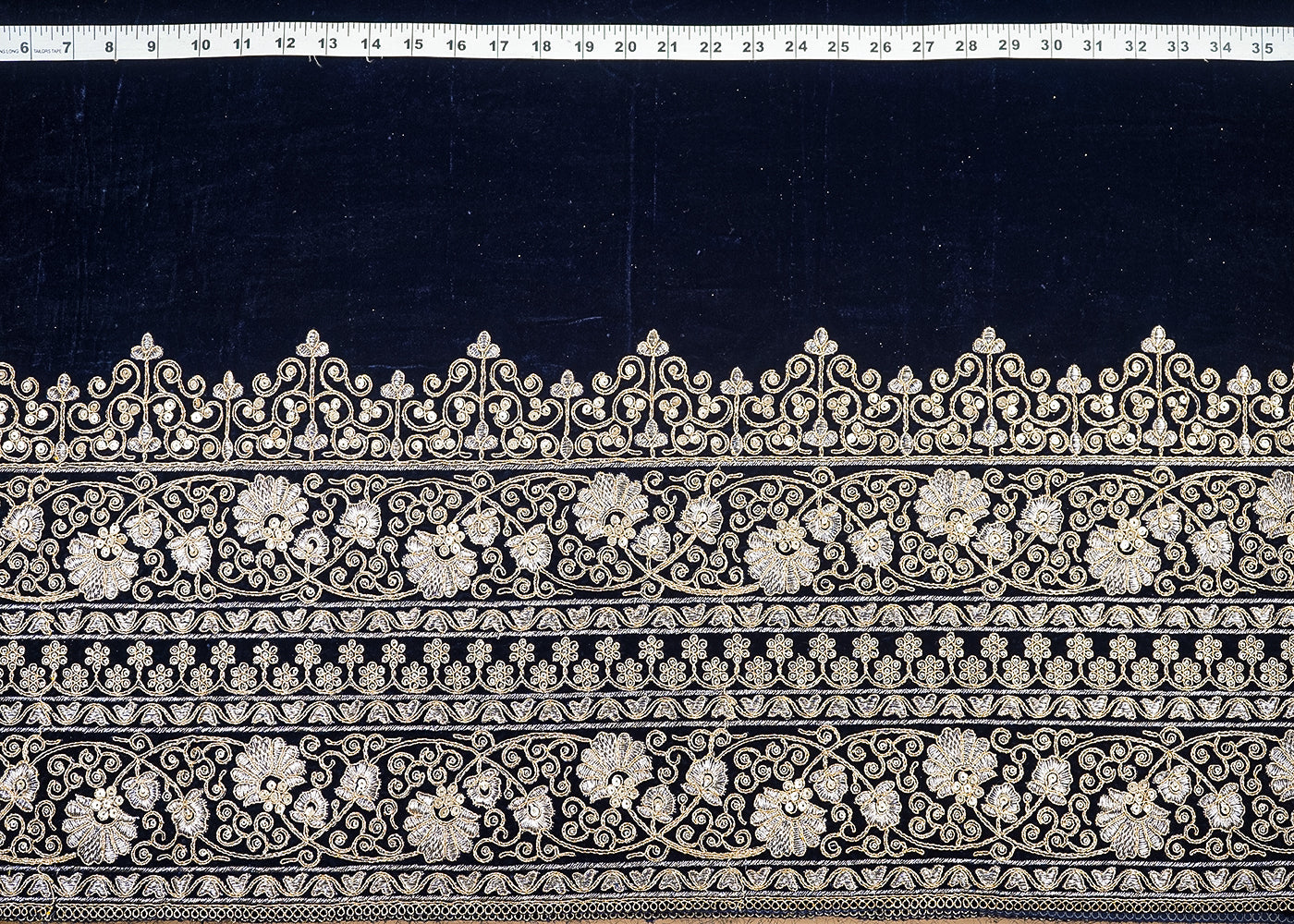 Navy Blue Velvet Fabric With Heavy Border Of Golden Zari And Sequins 20540