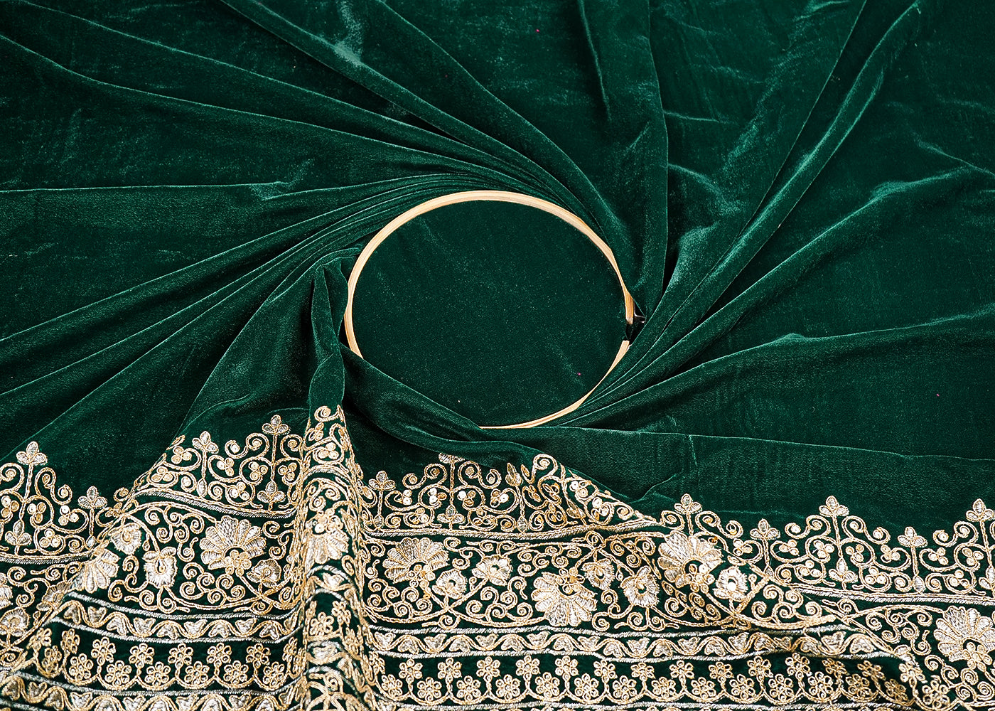 Bottle Green Velvet Fabric With Heavy Border Of Golden Zari And Sequins 20541