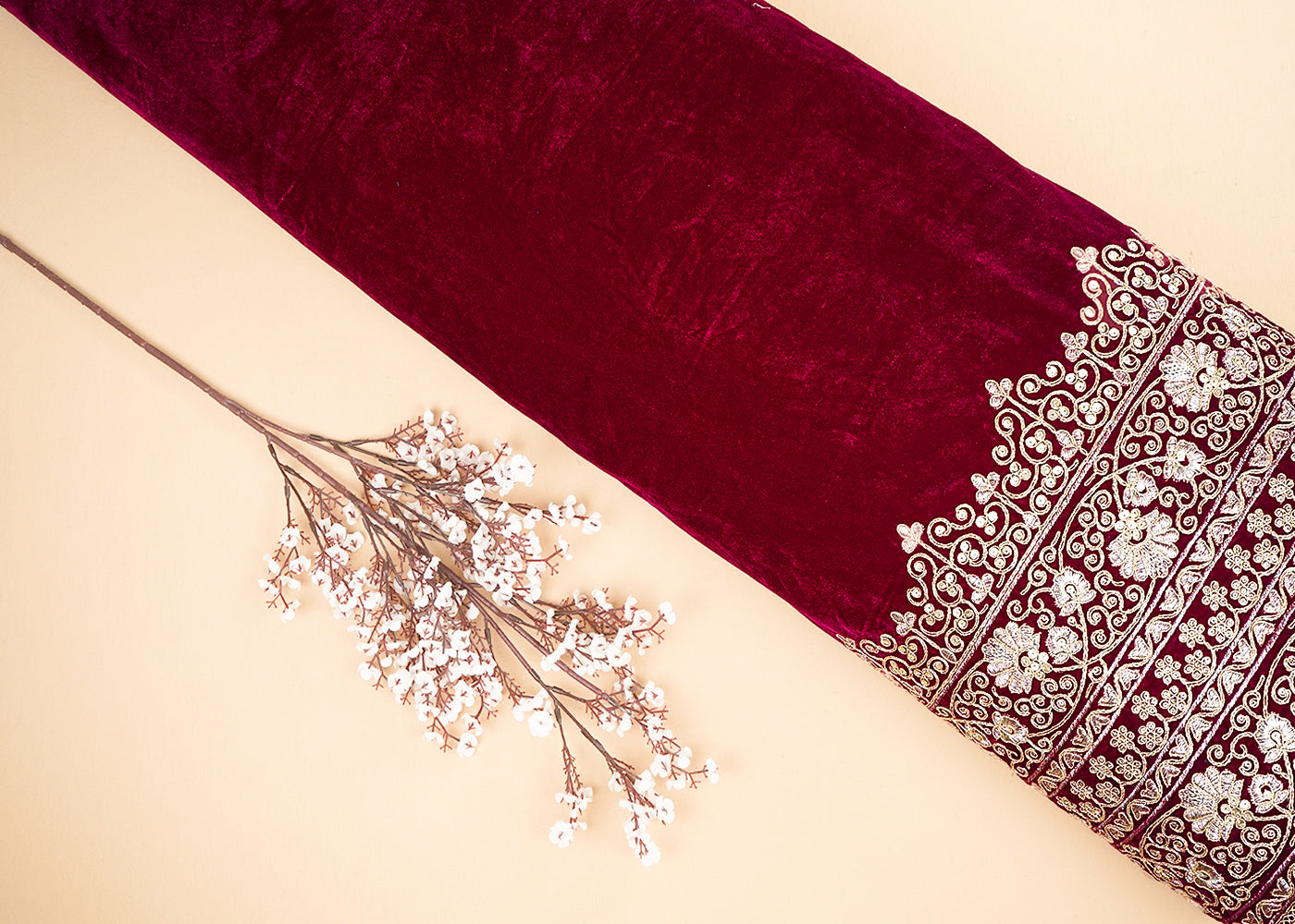 Wine Velvet Fabric With Heavy Border Of Golden Zari And Sequins 20542