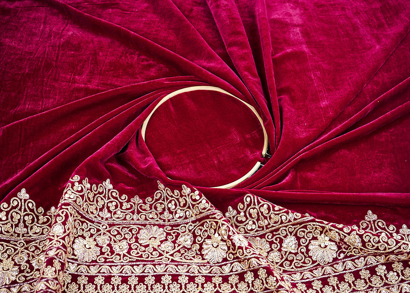 Wine Velvet Fabric With Heavy Border Of Golden Zari And Sequins 20542
