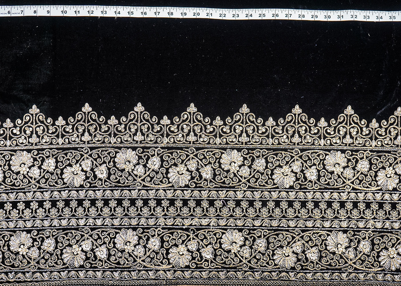 Black Velvet Fabric With Heavy Border Of Golden Zari And Sequins 20543
