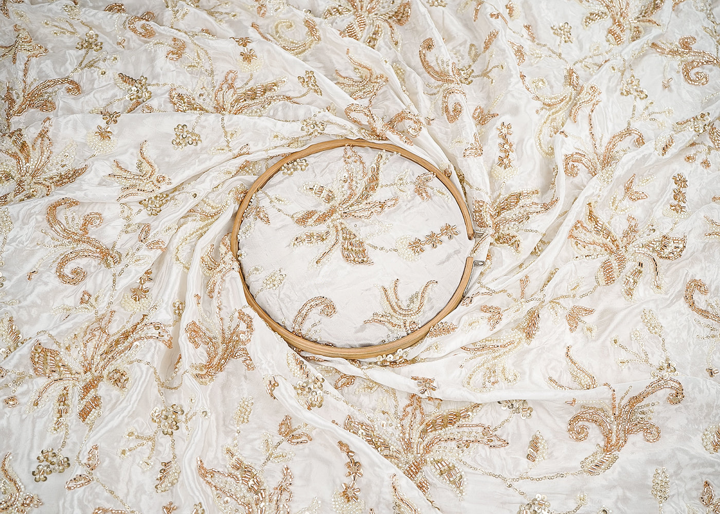 White Crepe Fabric With All Over Sequins, Katdana And Bead Work 20547