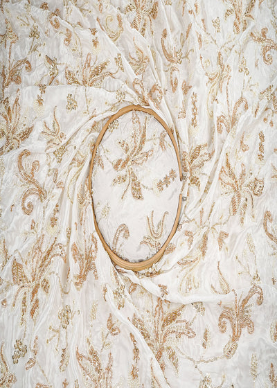 White Dyeable Crepe Fabric With All Over Sequins, Katdana And Bead Work 20547
