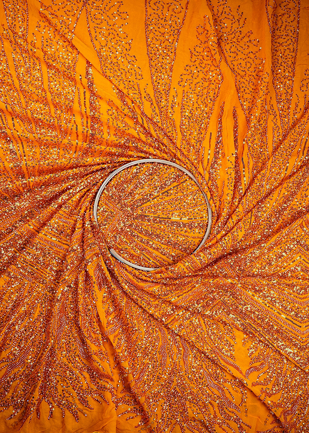 Mustard Georgette Fabric With All Over Sequins And Bead Work With One Side Heavy Border 20553