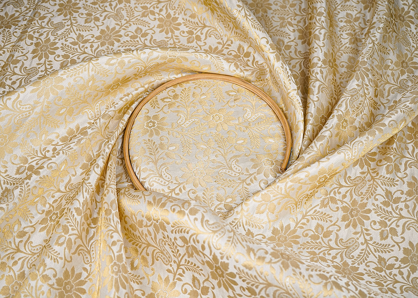 Ivory Banarasi Brocade Fabric With All Over Golden Zari Handloom 20564