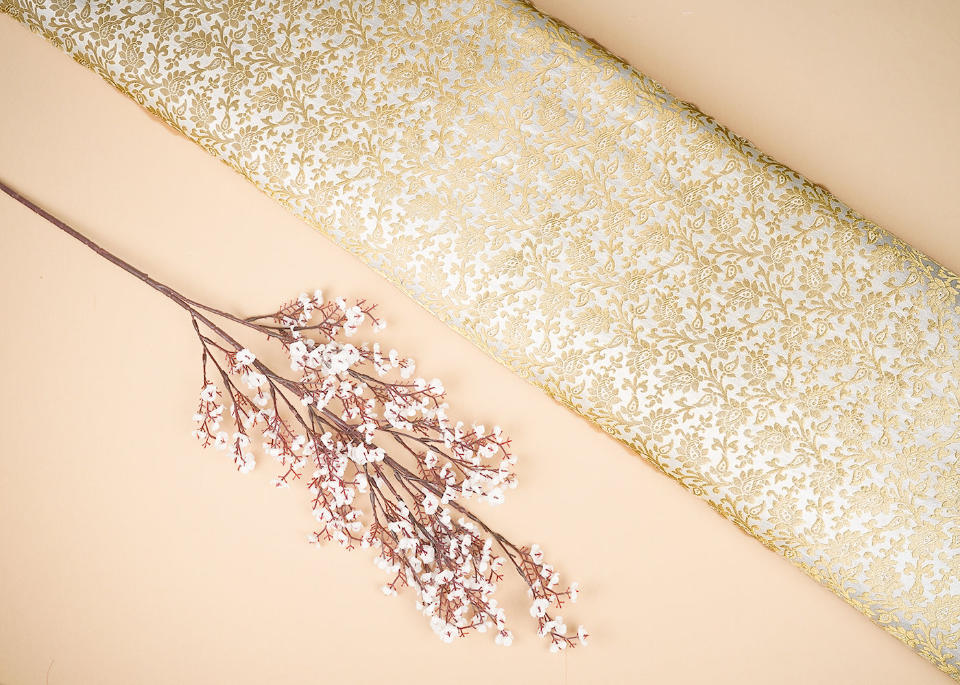 Ivory Banarasi Brocade Fabric With All Over Golden Zari Handloom 20567