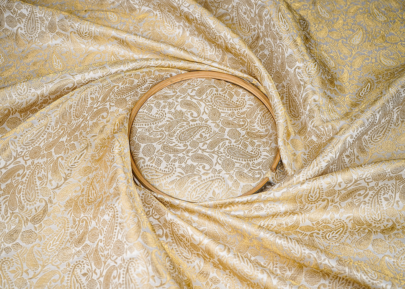 Ivory Banarasi Brocade Fabric With All Over Golden Zari Handloom 20568