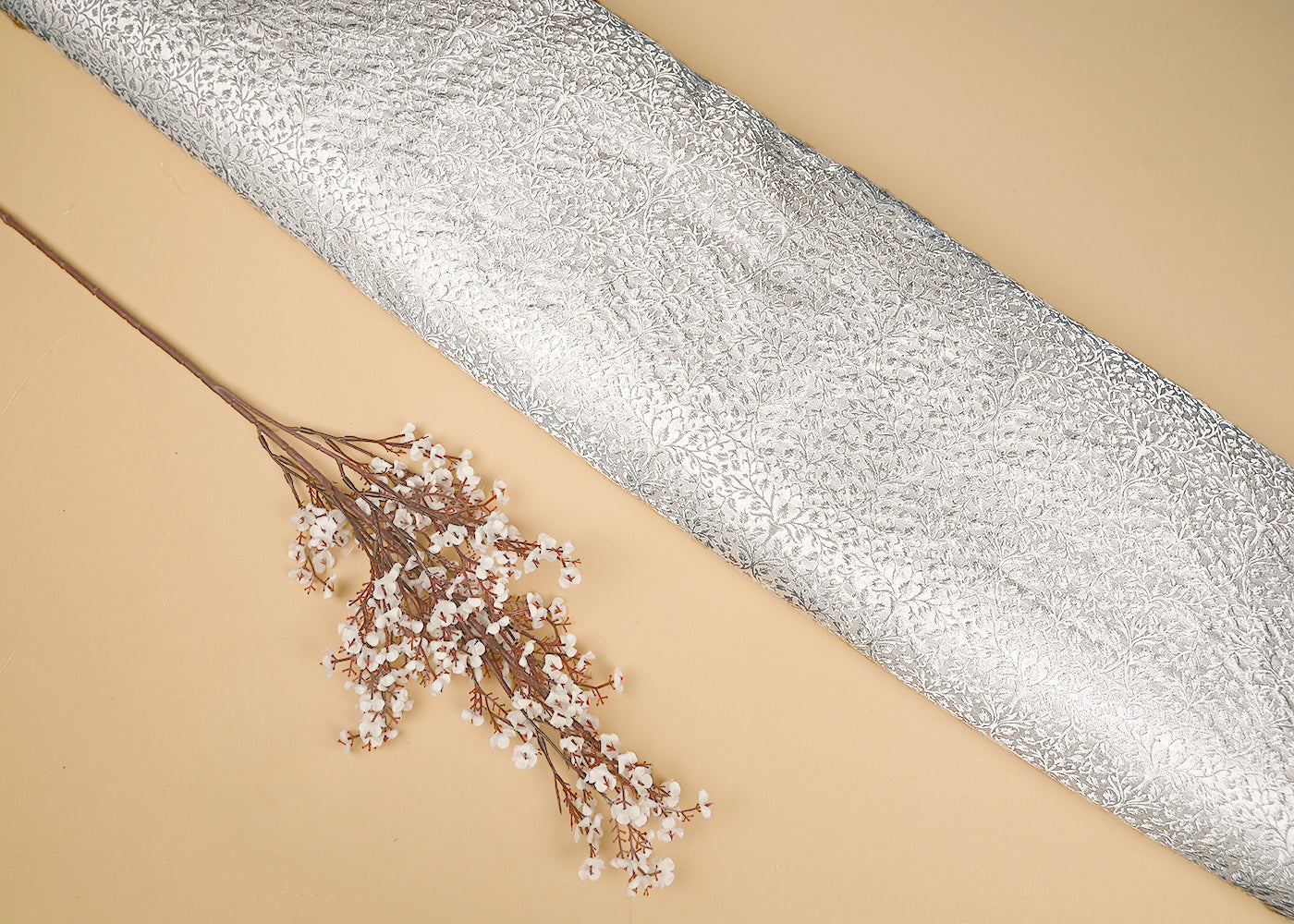 White Banarasi Brocade Fabric With All Over Silver Zari Handloom 20569