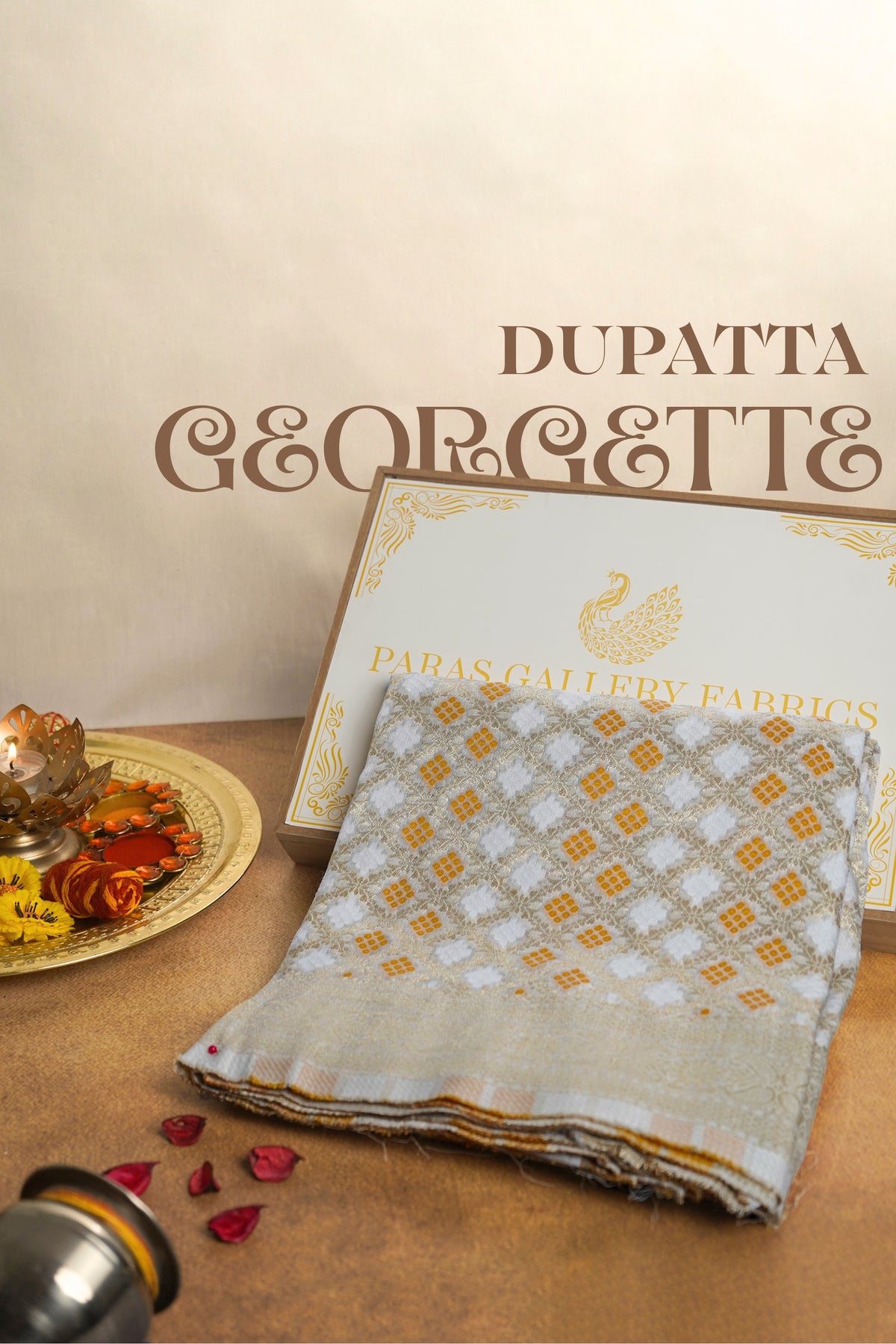 White Dyeable Georgette Dupatta With All Over Thread And Zari Handloom 20573