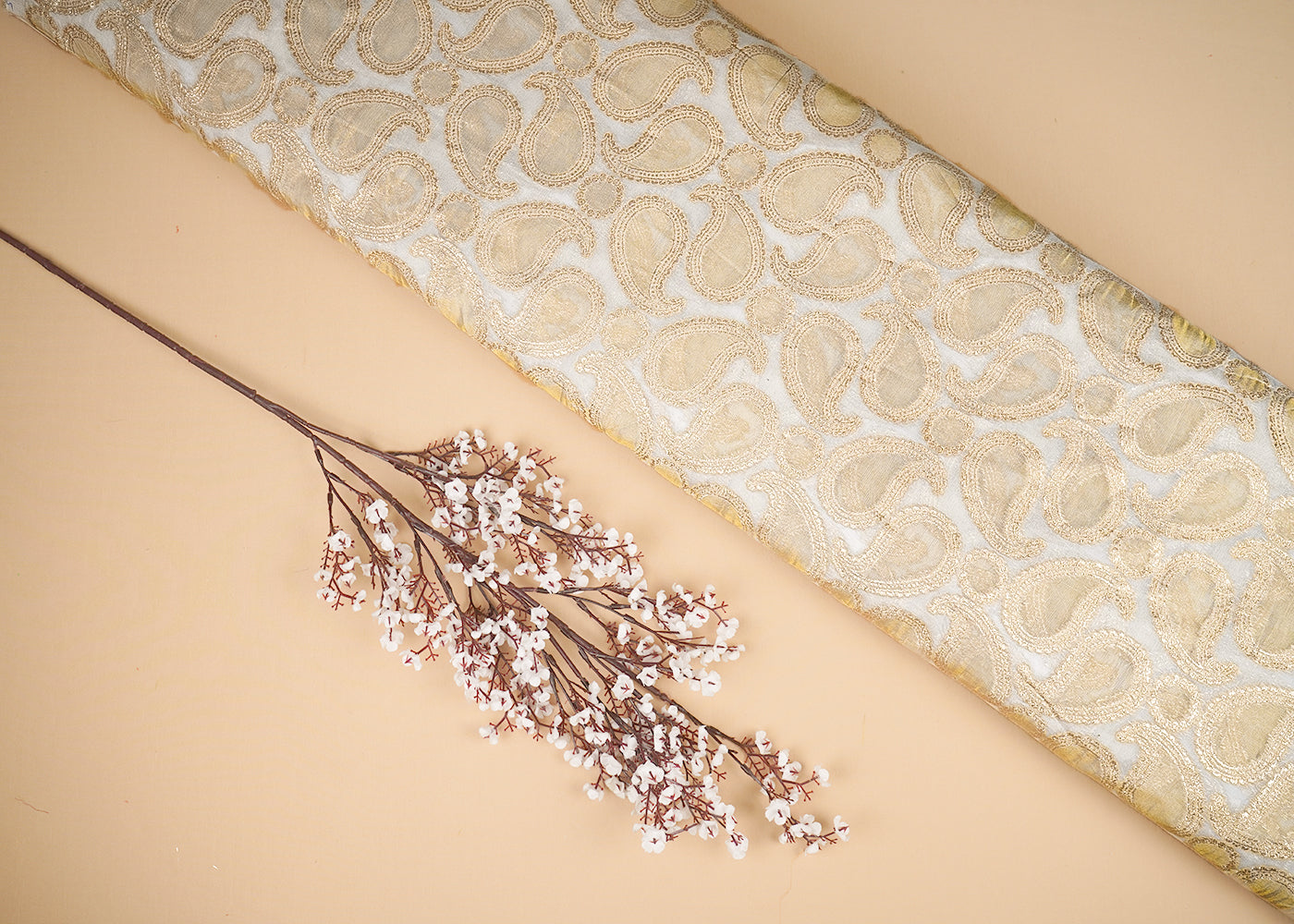 White Organza Tissue Fabric With All Over Golden Zari Handloom 20575