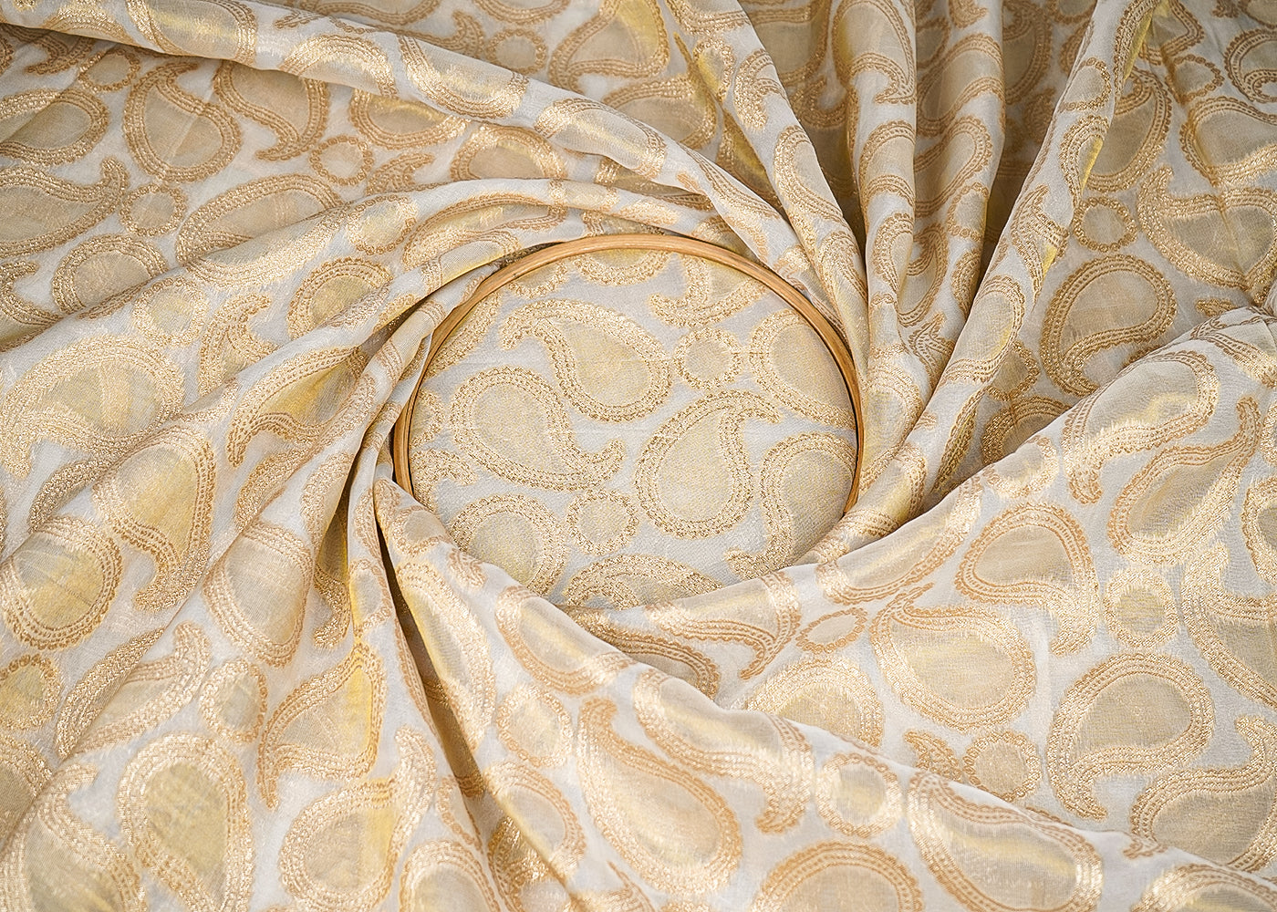 White Organza Tissue Fabric With All Over Golden Zari Handloom 20575