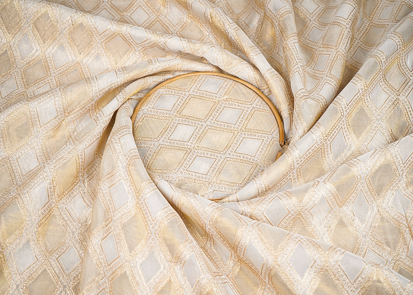 White Organza Tissue Fabric With All Over Golden Zari Handloom 20576