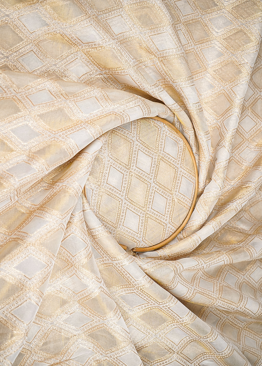 White Organza Tissue Fabric With All Over Golden Zari Handloom 20576