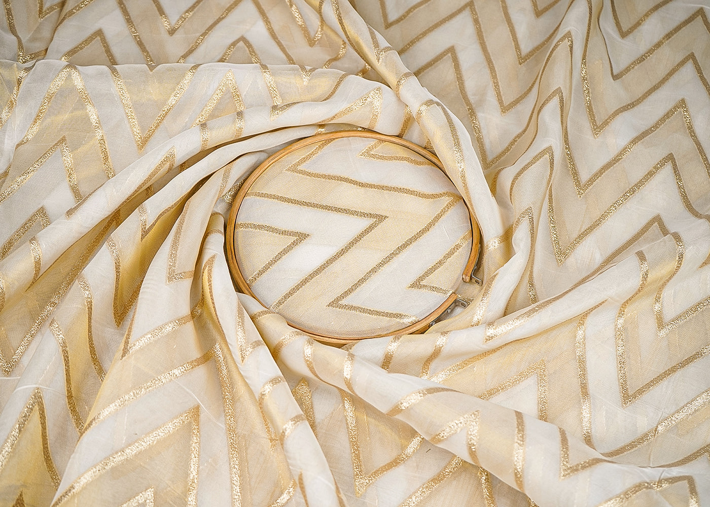 White Organza Tissue Fabric With All Over Golden Zari Handloom 20577