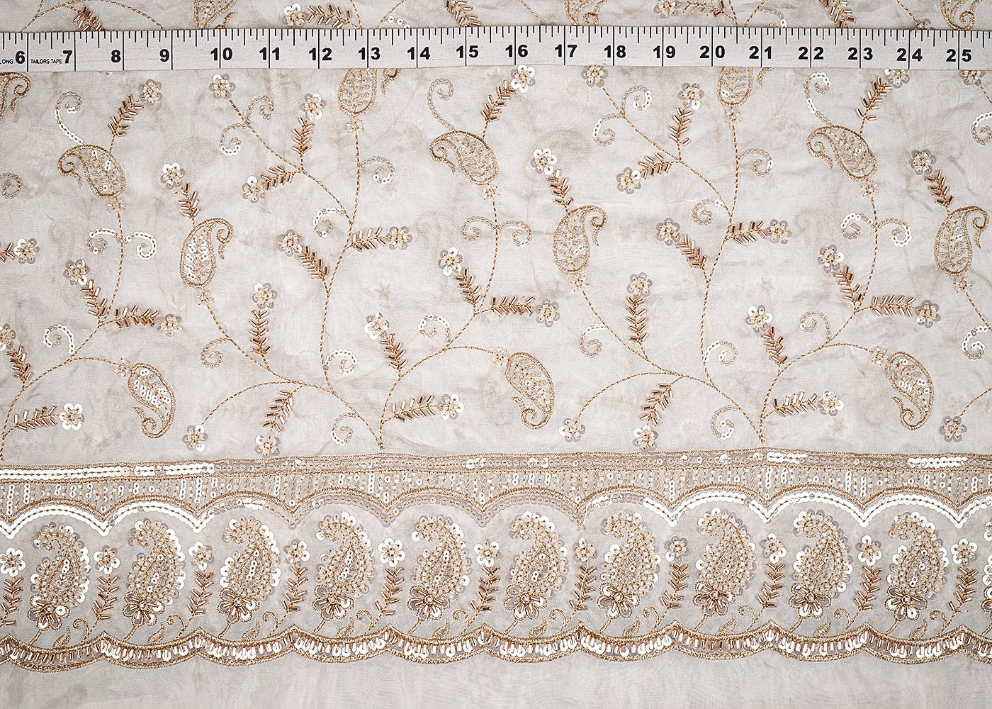 White Dyeable Silk Fabric With All Over Katdana, Sequins And Bead Work With One Side Heavy Border 20586