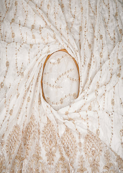 White Dyeable Silk Fabric With All Over Katdana, Sequins And Bead Work With One Side Heavy Border 20587