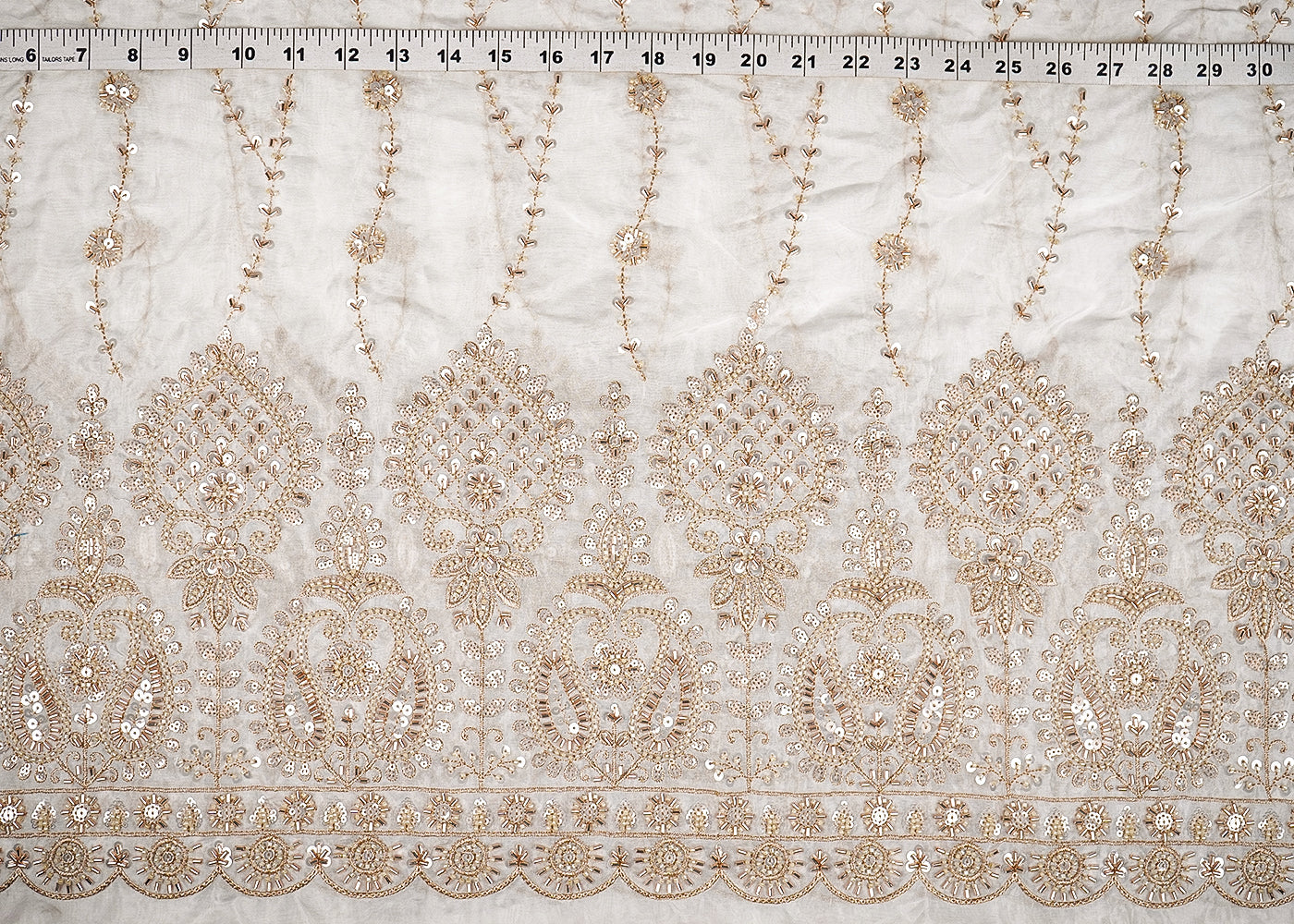 White Dyeable Silk Fabric With All Over Katdana, Sequins And Bead Work With One Side Heavy Border 20587